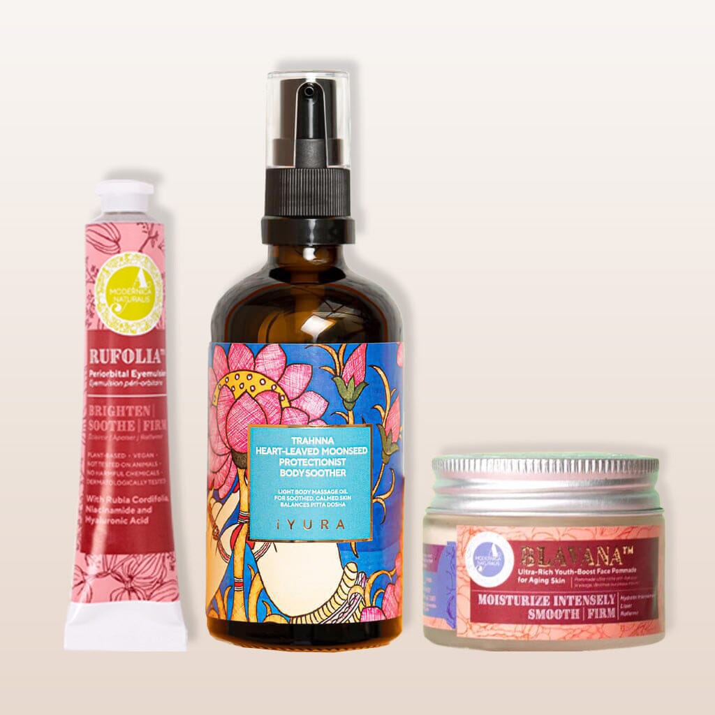 'Calm and Soothe' Ayurvedic Bestseller Essentials Bundle - With a soothing body oil, around-the-eye skin firming moisturizer, and an age-defying face cream