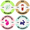 Badges for 100% Natural, No Parabens, No Artificial Fragrances & Not Tested On Animals